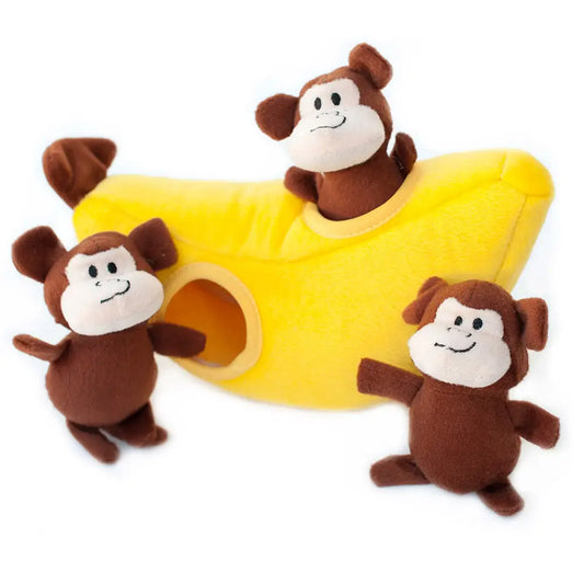 Zippy paws burrow monkeys in banana dog toy