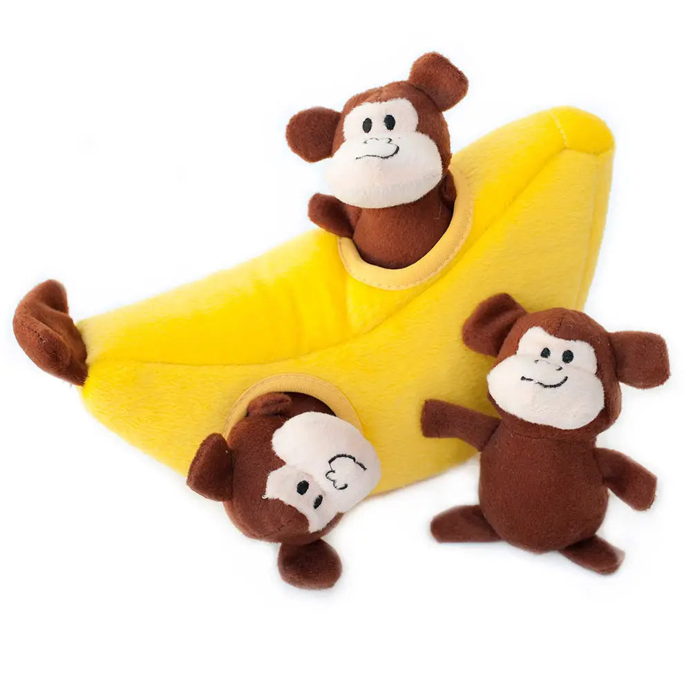 Zippy paws burrow monkeys in banana dog toy